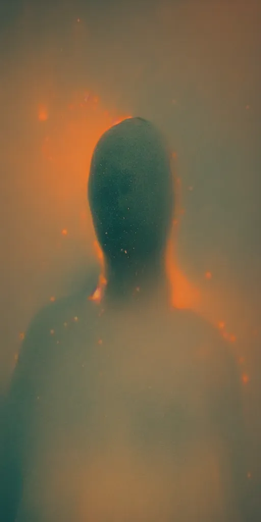 Image similar to a blurry closeup picture, skin, dripping wet, no face, macro photography, long exposure photograph, surrealism, anamorphic bokeh, cozy, soft light, cyan and orange, caustic, atmospheric fog, octane render, cinematic