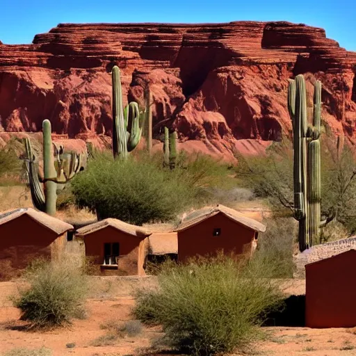 Image similar to A village of mud and bricks houses perched on top a wide mesa, in the Arizona desert. Scenic view, trending on 500px