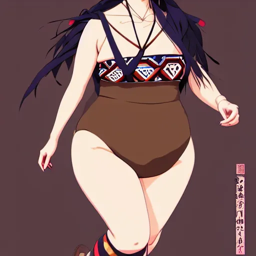 Image similar to a beautiful plus sized model japanese natalie portman, alluring plus sized model with brown skin, wearing mayan leotard with overalls, street fashion hip hop style with mayan patterns, aztec street fashion, gapmoe yandere grimdark, trending on pixiv fanbox, painted by greg rutkowski makoto shinkai takashi takeuchi studio ghibli, akihiko yoshida