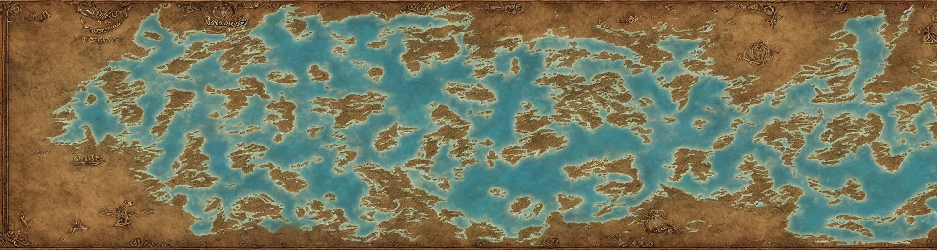 Prompt: fantasy world atlas in the style of an mmorpg world map, 7 0 % ocean, include tundra at the poles, extremely detailed, fantasy, no text, 4 k