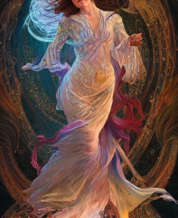 Image similar to a trading card of a wizard surrounded by a whirlwind of magical particles ushing inside the metaverse, half body, fantasy, intricate, elegant, highly detailed, colorful, vivid color, digital painting, artstation, concept art, art by artgerm and greg rutkowski and alphonse mucha and ruan jia