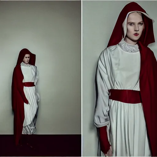 Prompt: Fashion photography of a woman wearing an outfit inspired by The Handmaid’s Tale (2017), artistic photography, cinematic lighting, insanely detailed, chiaroscuro, cinestill 800t, Vogue magazine