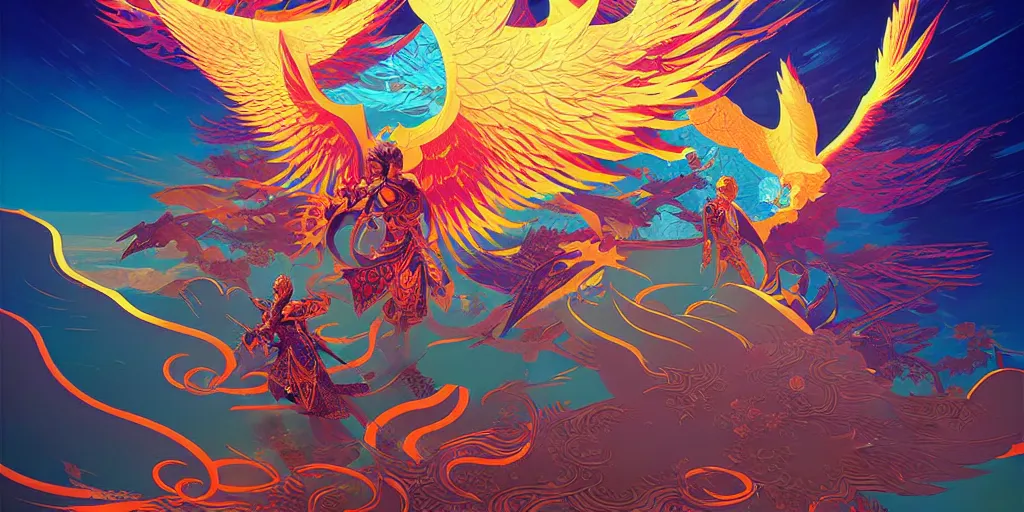 Prompt: guild wars 2, Phoenix, god rays, digital art, high detail by tristan eaton, victo ngai