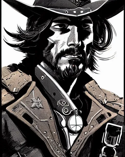 Image similar to mccree from overwatch, cyber space cowboy, character portrait, portrait, close up, concept art, intricate details, highly detailed, vintage sci - fi poster, retro future, vintage sci - fi art, in the style of chris foss, rodger dean, moebius, michael whelan, and gustave dore