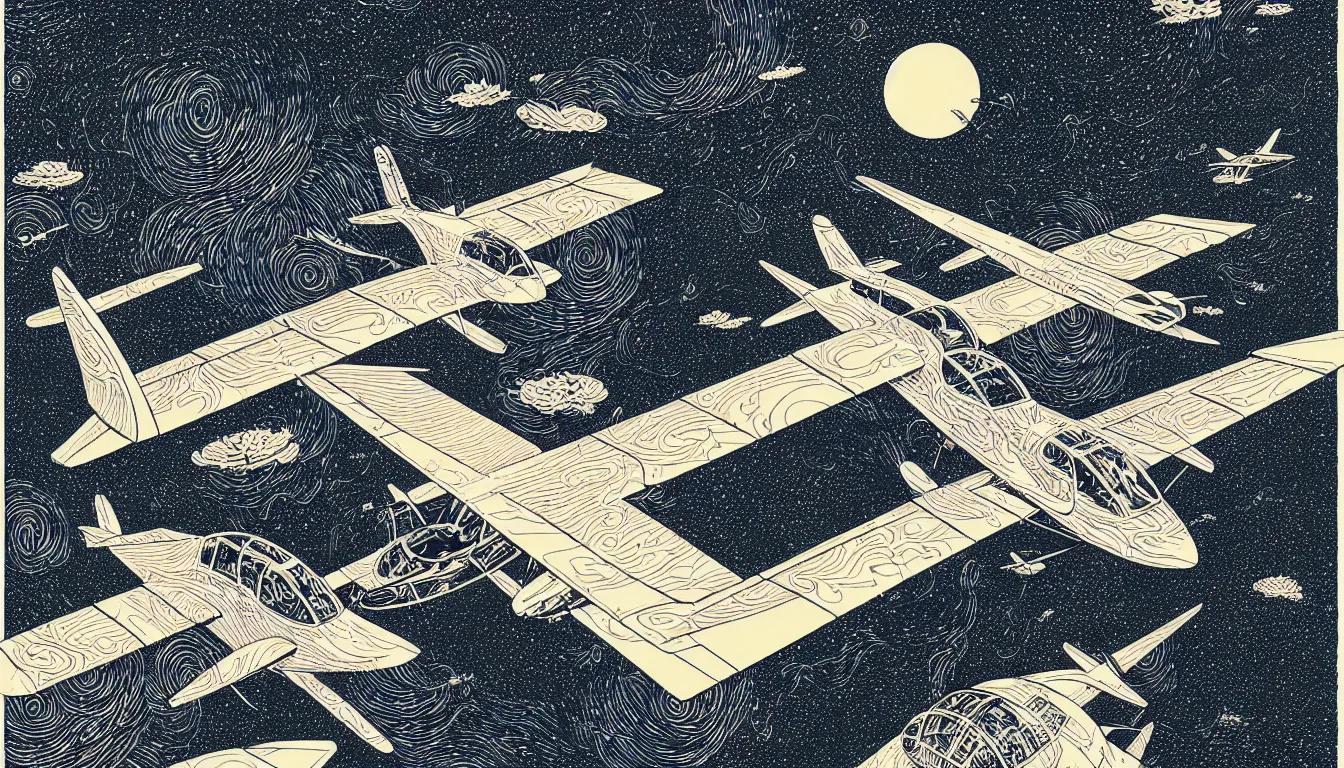 Image similar to flying airplane by woodblock print, nicolas delort, moebius, victo ngai, josan gonzalez, kilian eng