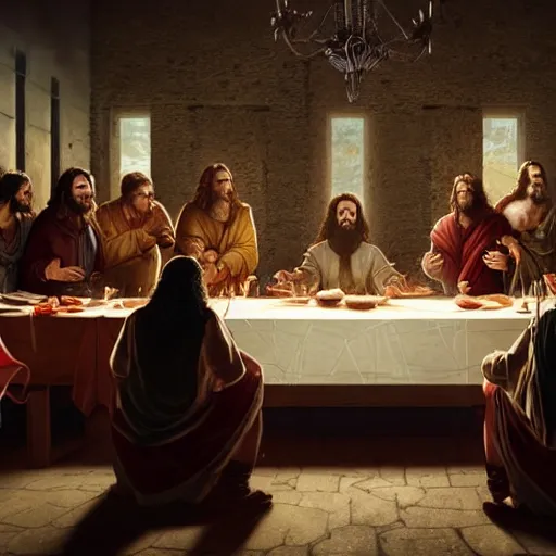 Prompt: professional physically based octane render of Wolverine as Jesus at the Last Supper, character concept art, epic composition, style of Marvel, 8k comic art, intricately detailed