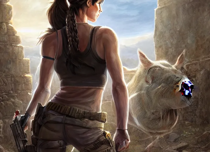 Image similar to face portrait of concentrated young Sandra Bullock as Lara Croft with pig-tails entering an incredible epic ruin, glorious sun beams, intricate, elegant, highly detailed, digital painting, short focus, illustration, Allan Lee, John Howe