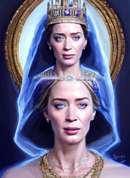 Prompt: portrait of emily blunt as queen, jewelry, greek, silk, sapphire, victorian age, 1 8 9 0, intricate, headshot, key visual, conceptart, ambient lighting, highly detailed, digital painting, artstation, concept art, sharp focus, by makoto shinkai and akihiko yoshida and greg manchess