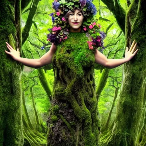 Prompt: mother nature with limbs made of trees and roots, mossy, flowers, human tree hybrid, nature, goddess