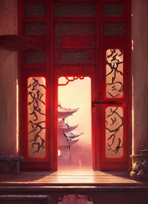 Image similar to Highly detailed chinese door, Stephen Bliss, unreal engine, fantasy art by Greg Rutkowski, Loish, Rhads, Makoto Shinkai and Lois van baarle, ilya kuvshinov, rossdraws, Tom Bagshaw, global illumination, radiant light, detailed and intricate environment