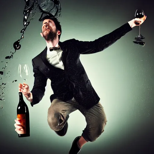 Image similar to a portrait of a man boisterously dancing around the room by himself holding an empty wine bottle as he jumps in the air, fine detail, dramatic lighting, award-winning photo UHD, 4K