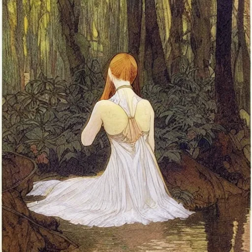 Prompt: a beautiful painting of the back view of a young lady in white dress sitting by the river in a grown forest, washing her dark long hair, sunlight reflected on the river, Mucha, Moebius, Mohrbacher