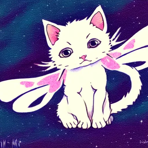 Image similar to a cute kitten with fairy wings, in the style of studio ghibli