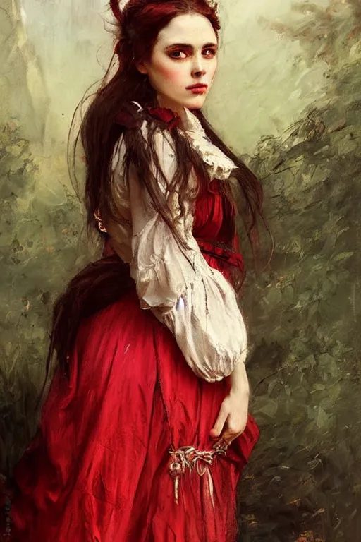 Image similar to Solomon Joseph Solomon and Richard Schmid and Jeremy Lipking victorian genre painting full length portrait painting of a young beautiful woman traditional german french pirate wench in fantasy costume, red background