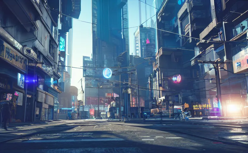 Image similar to photorealistic cyberpunk city streets. daylight. sunlight. lens flare. light fixtures. 8K. detailed. photorealism. artstation. 25mm f/1.7 ASPH Lens. ultra realistic