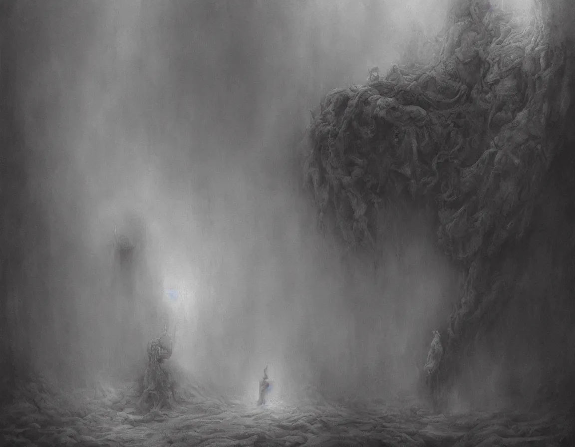 Image similar to a creepy painting of hell. by miles johnston, stephen gammell, gustave dore and zdzisław beksinski. volumetric light, detailed, rendered in octane