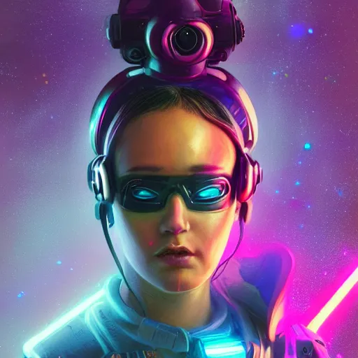 Image similar to cyberpunk concept cool warrior girl bot, galaxy, ufo, space sci - fi, wearing vr goggles, illustration, portrait, pastel neon textured background night, trending on artstation, greg rutkowski, octane rendered, 1 2 k, detailed,