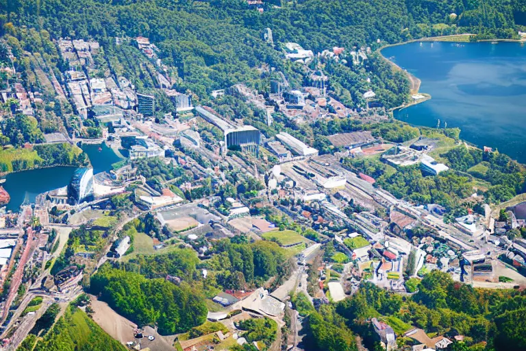 Image similar to bird's eye view photography of a small city. town hall, central farm, monorail station, beach and shipping dock. hills, woods and lake to the north.