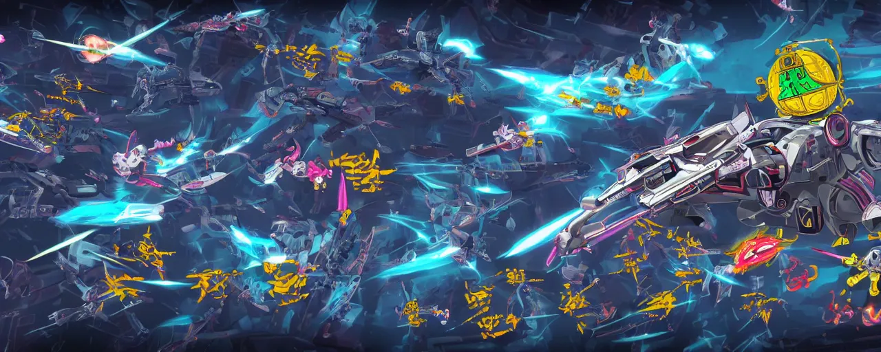 Prompt: 2D videogame in the style of Mushihimesama and Space Invaders with a spaceship shooting up at a giant skull boss shooting complex barrage of bullet patterns, boss fight, scifi, shmup, 4K, UHD, HDR