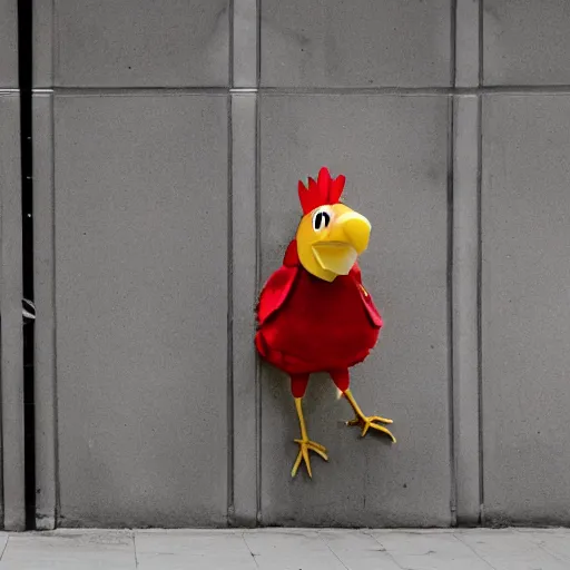 Image similar to man dressed as a chicken hiding behind a corner