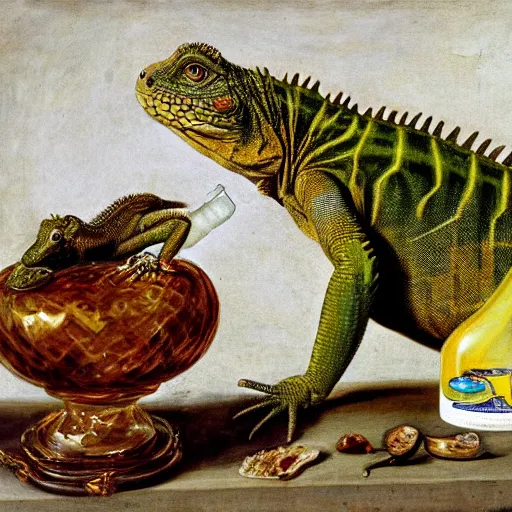 Image similar to iguana drinking tequila, baroque painting