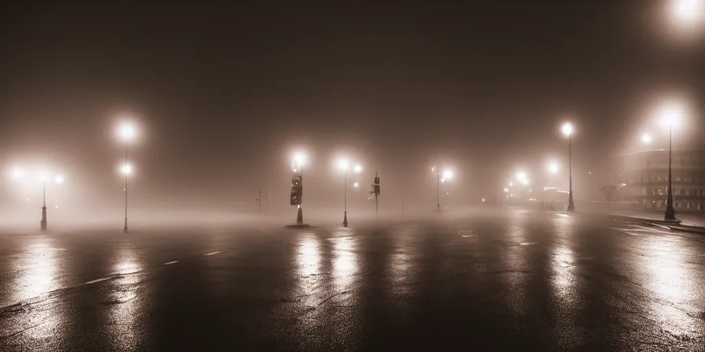 Prompt: city in fog, a bit of red light, mood, award winning photography