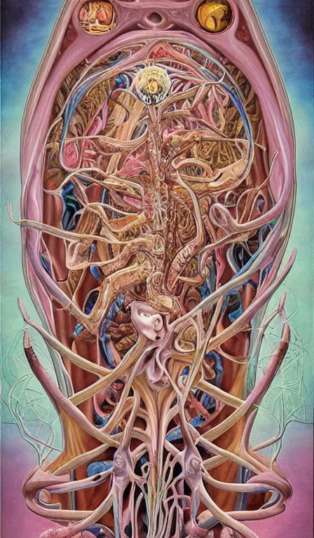 Image similar to a biomorphic painting of the hierophant tarot card! a anatomical medical illustration by nychos and alex grey, cgsociety, neo - figurative, pastel blues and pinks, detailed painting, rococo, oil on canvas, lovecraftian