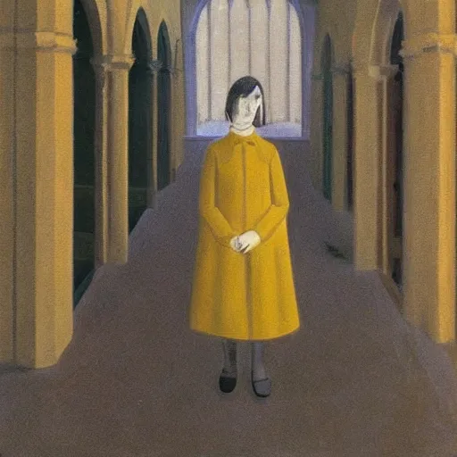 Image similar to in the distance, a little girl with short black hair and wearing a yellow coat alone in the inner courtyard of an abbey, there is a fantoin with a female face in the back, the light is bright and wintry, painting by hopper and de chirico