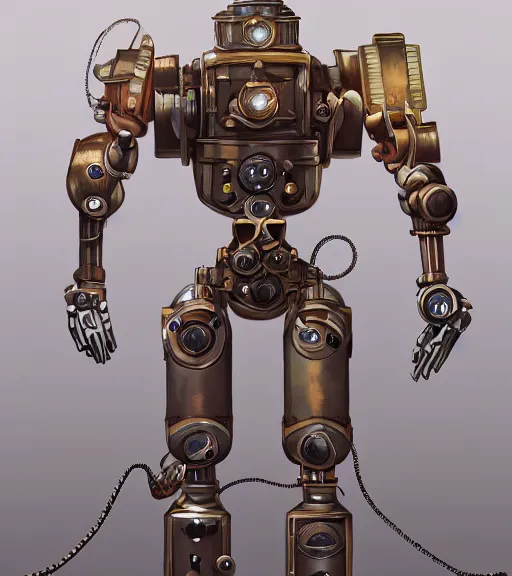 Image similar to a robot wearing a steampunk outfit, full body shot, highly detailed, digital painting, artstation, concept art, smooth, sharp focus, illustration
