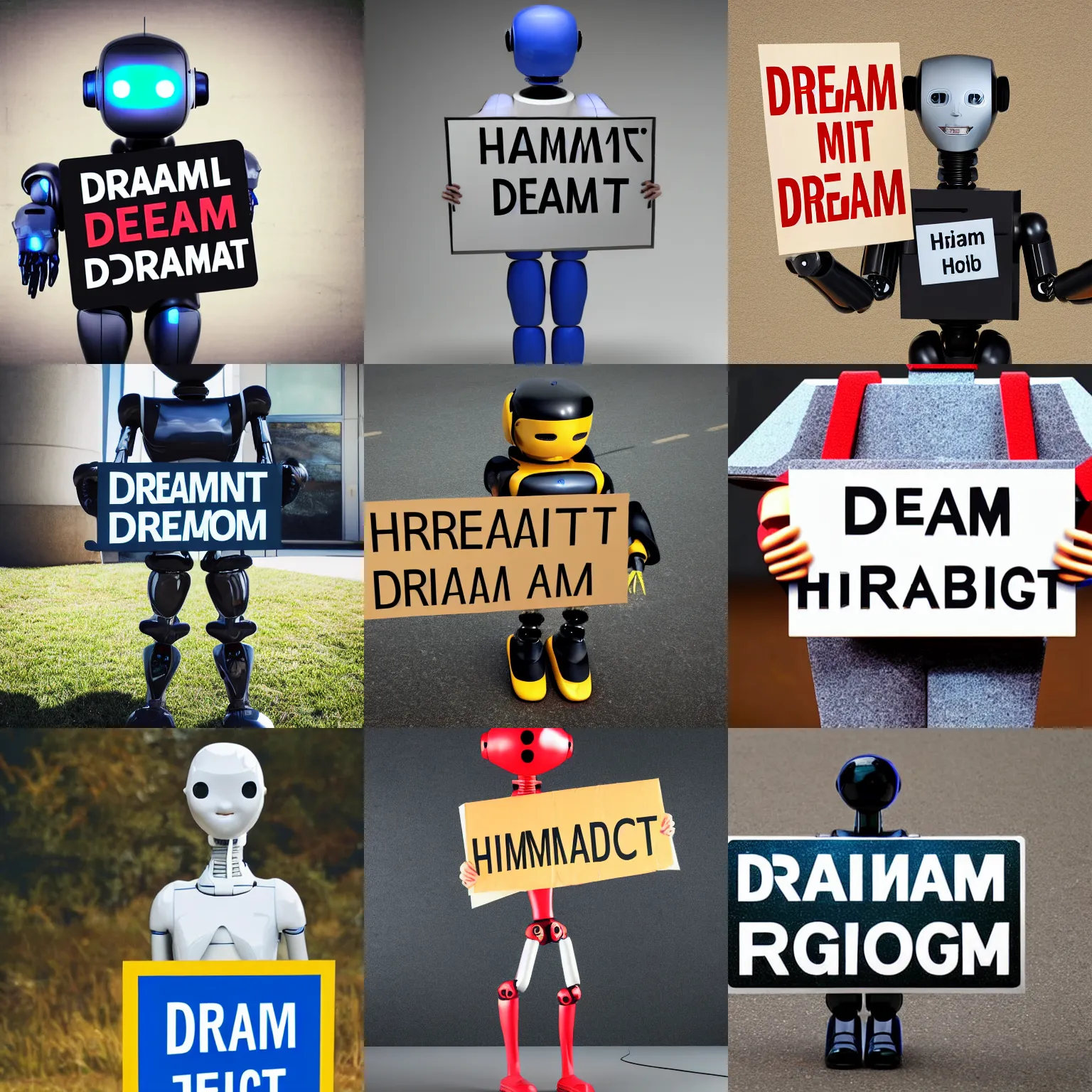 Prompt: realistic high quality photo of artificial intelligence humanoid robot holding a sign with text that reads : dream bot