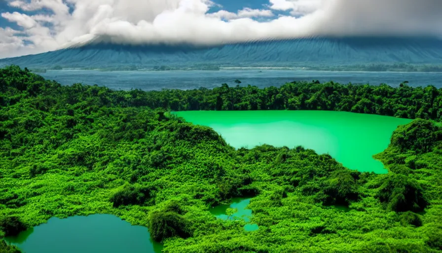 Image similar to a beautiful green scene, guatemalan lake full of water, volcano in background, high definition, beautiful award winning photography, 8 k.