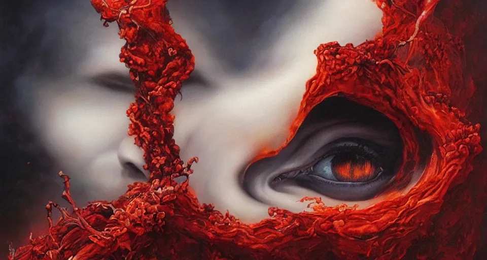 Image similar to a volcano made of ivory vines and crimson rocks enters in eruption, it spits a smoke in the shape of demonic eye, by Karol Bak