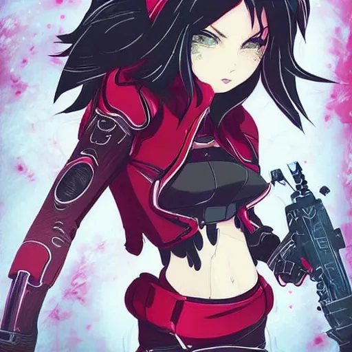 Image similar to Ruby Rose from RWBY, highly detailed, sci-fi, beautiful, anime-styled illustration, sharp focus