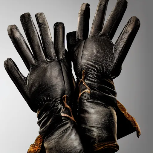 Image similar to gloves with claws, old leather gloves with attached talons, dark background, highly detailed, 8 k, trending on artstation, mystic, rpg artwork, by peter jackson, by sauron