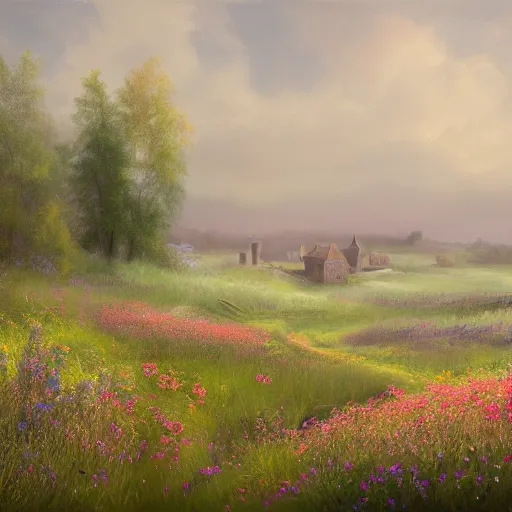 Image similar to a matte painting of a european prairie, cottages, foggy, patchy flowers, oil painting, pale colors, high detail, 8 k, wide angle, trending on artstation,