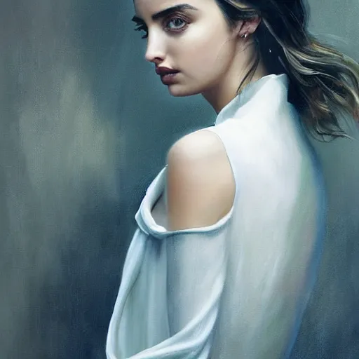 Image similar to portrait of beautiful happy young ana de armas wearing a beautiful silky white dress, painted by greg rutkowski, stanley artgerm, igor kieryluk, coherent, hyper realistic