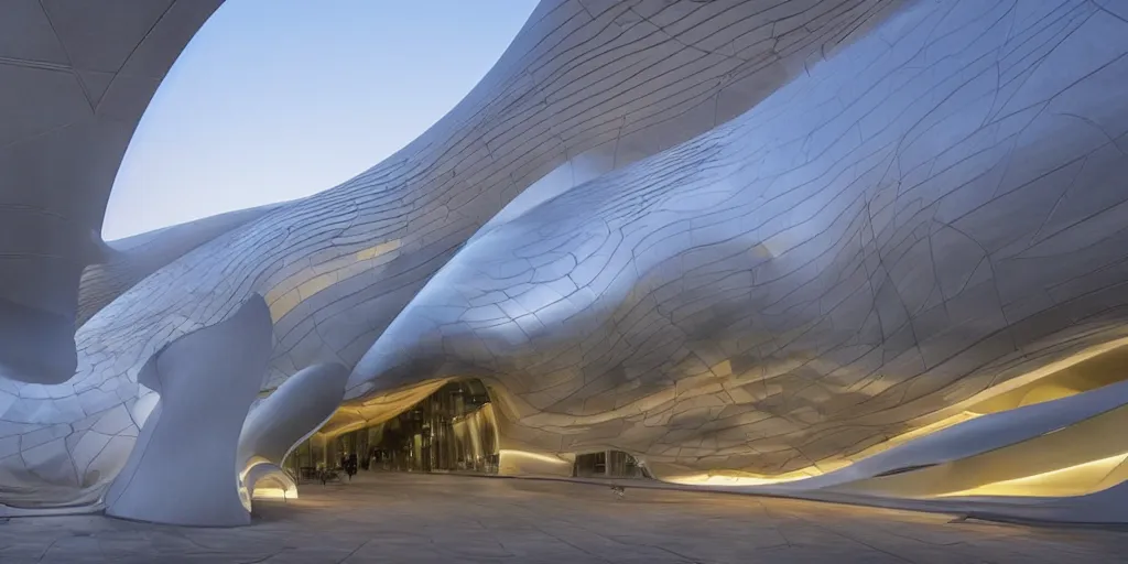 Image similar to extremely elegant smooth detailed stunning sophisticated beautiful elegant futuristic museum exterior by Zaha Hadid, smooth curvilinear design, stunning volumetric light, stainless steel, concrete, translucent material, beautiful sunset, tail lights