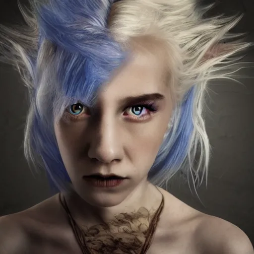 Prompt: portrait of young girl half dragon half human, dragon girl, dragon skin, dragon eyes, dragon crown, blue hair, long hair, highly detailed, cinematic lighting, by Tim Burton and Robert Eggers