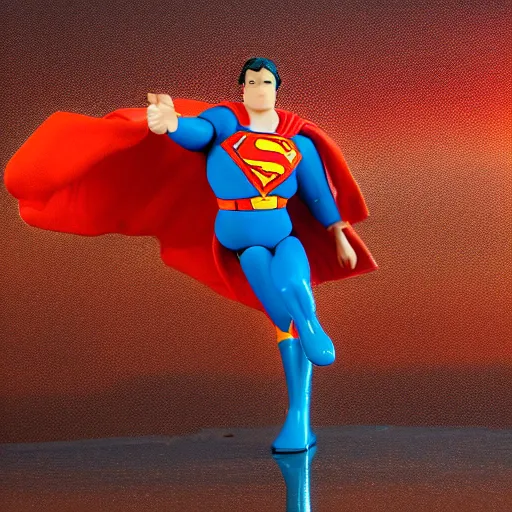 Prompt: toy photography. an orange and red Superman action figure flying against a city backdrop. 1993. In Focus macro shot. Dynamic