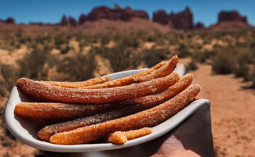 Prompt: a delicious churro in the desert, photography