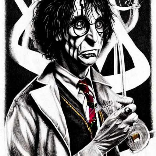 Prompt: graphic illustration, creative design, harry potter as alice cooper, biopunk, francis bacon, highly detailed, hunter s thompson, concept art