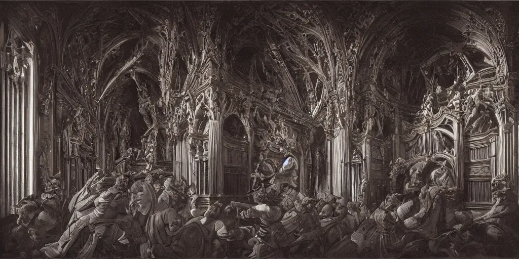 Image similar to wide angle view, pipe organ intricately carved from dark smoke, high detail baroque oil painting, alan lee, caravaggio, michelangelo