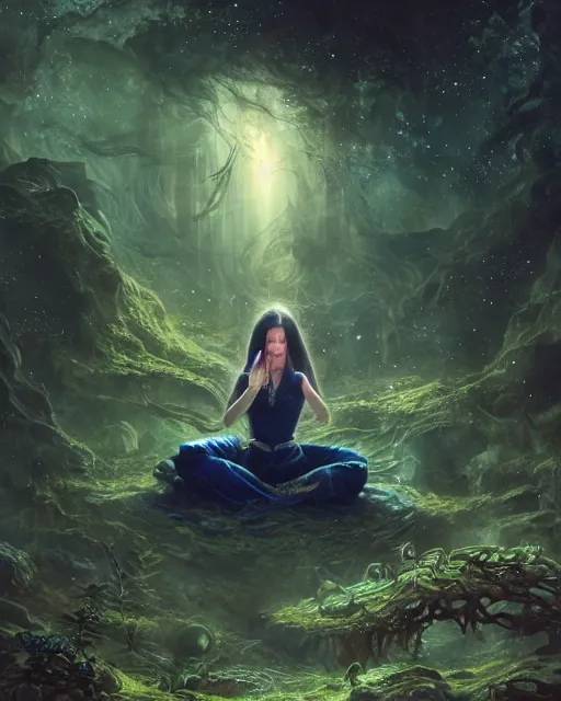 Prompt: female elf with black hair dress meditating in a nebula forest by greg rutkowski, high key lighting, volumetric light, digital art, highly detailed, fine detail, intricate, ornate, complex, octane render, unreal engine, photorealistic digital painting, artstation, concept art, sharp focus, art by greg rutkowski and alphonse mucha