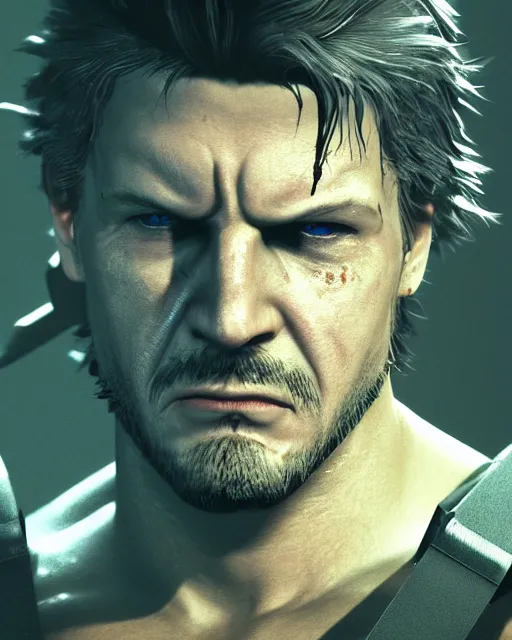 Image similar to solid snake portrait, cinematic lighting, anguished crying screaming black atmospheric background, 4 k photography hdr