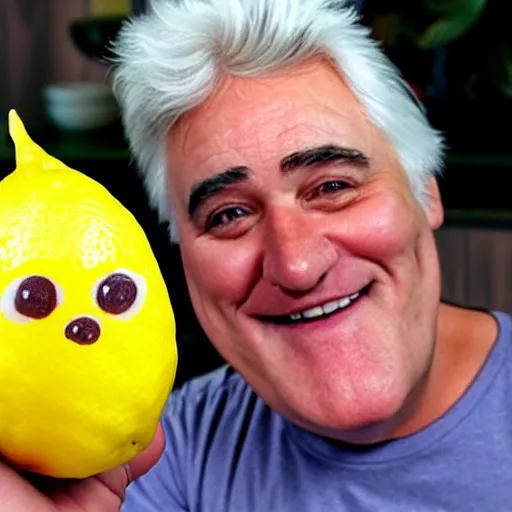 Prompt: a lemon with a face of jay leno on it