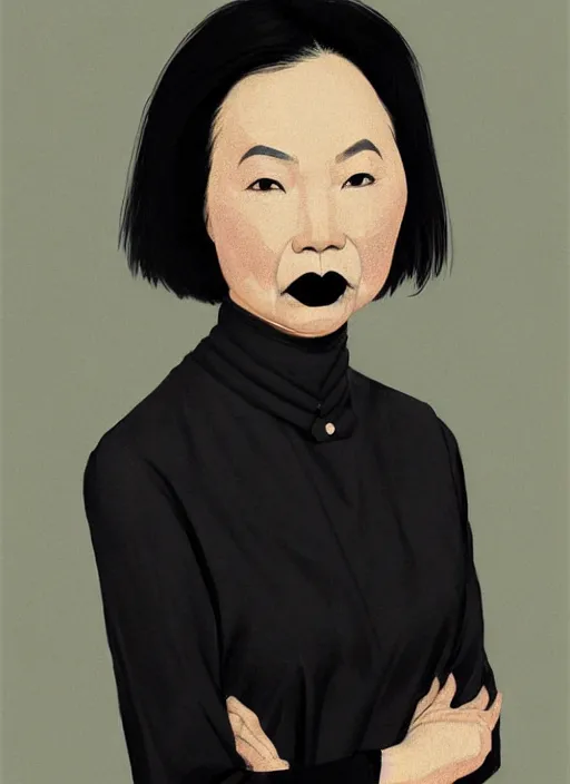 Prompt: portrait of a middle - aged asian woman with a crooked nose and a confident expression, 1 9 6 0 s, black clothes, goth, punk, brightly coloured hair, funk, intricate, elegant, highly detailed, digital painting, artstation, concept art, smooth, sharp focus, illustration, art by wlop, mars ravelo and greg rutkowski