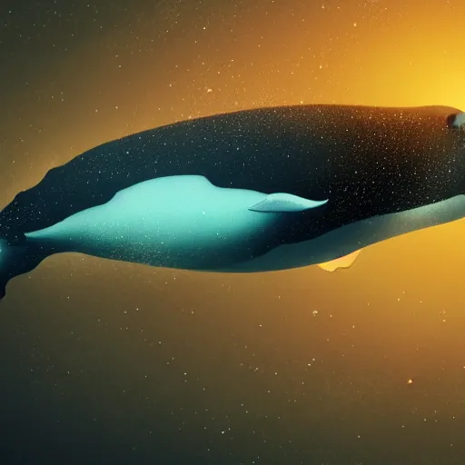 Prompt: portrait of whale swimming on a night sky, swimming across the universe, nebulae, oniric, dreamy, beautiful, highly detailed, cinematic, trending on artstation