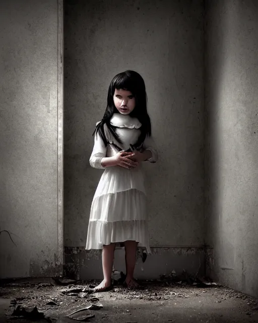 Prompt: an amazing award winning photo of a creepy little girl wearing a dirty white dress with long wet black hair covering her face standing in a filthy room in an abandoned old asylum, photo by mario testino, 8k octane render, cinematic, hyper detailed, micro details, insanely detailed, trending on artstation, concept art