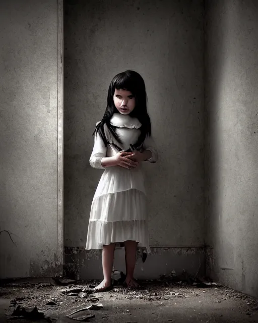 The Little Girl With A Scary Face Look At A Door Background