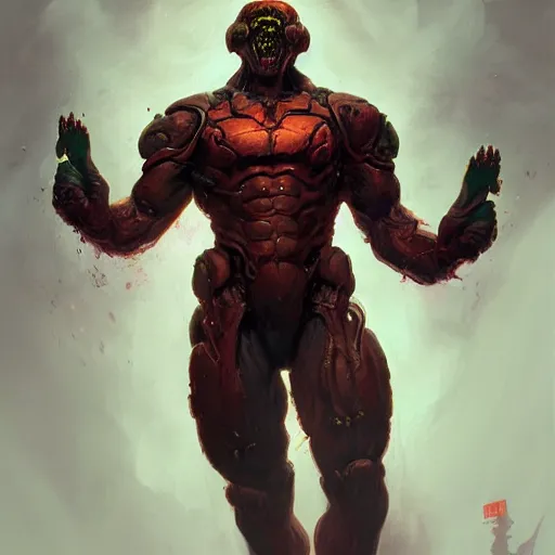 Image similar to doom eternal, mutant, tubes fused with the body, front view, painted by stanley lau, painted by greg rutkowski, painted by stanley, artgerm, masterpiece, digital art, trending on arts